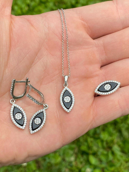 HarlemBling 925 Silver Lucky Evil Eye Diamond Black Onyx Ring Necklace Earrings Girls Set