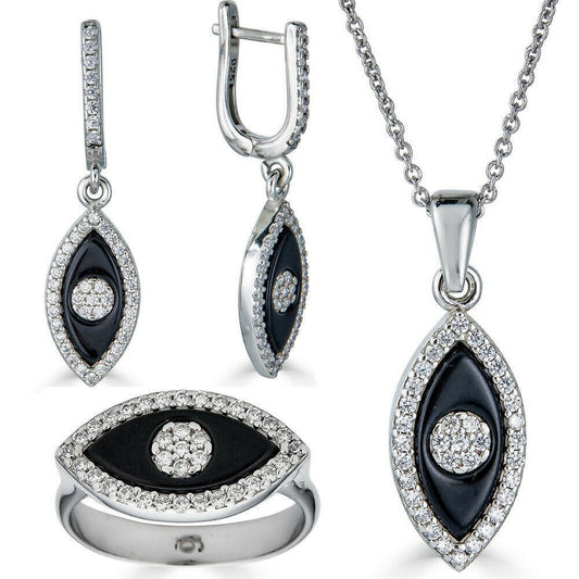 HarlemBling 925 Silver Lucky Evil Eye Diamond Black Onyx Ring Necklace Earrings Girls Set