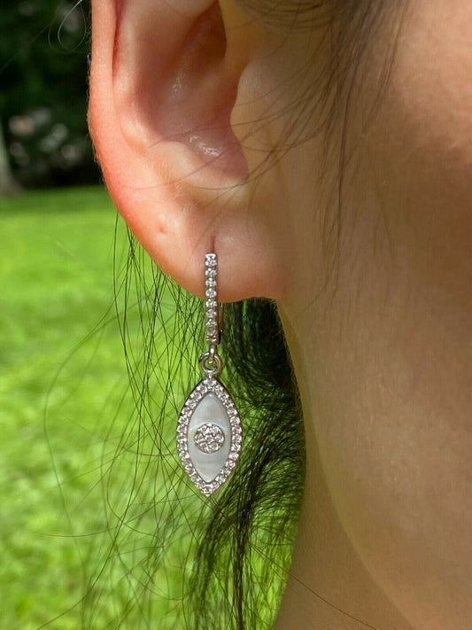 HarlemBling 925 Silver Lucky Evil Eye Diamond Pearl Ring Necklace Earrings Ladies Girls Set