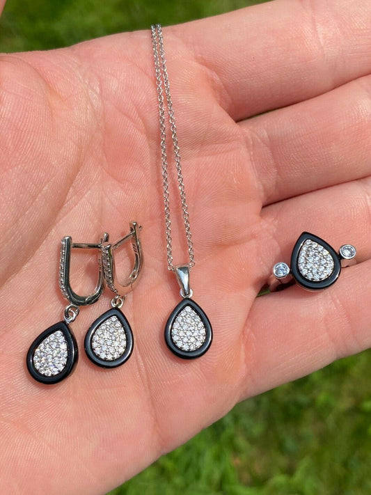 HarlemBling 925 Silver Teardrop Black Onyx Diamond Ring Necklace and Earrings Ladies Girls Set