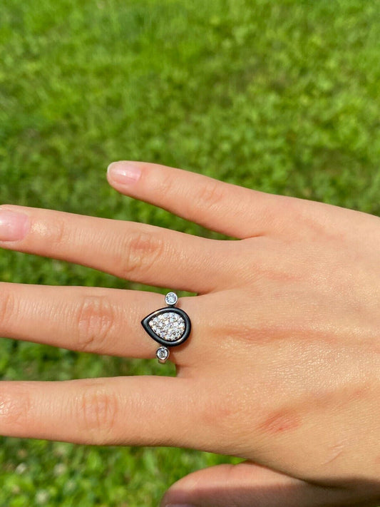 HarlemBling 925 Silver Teardrop Black Onyx Diamond Ring Necklace and Earrings Ladies Girls Set