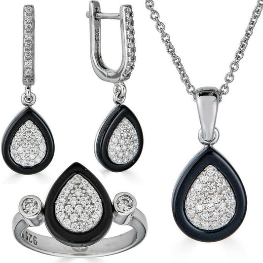 HarlemBling 925 Silver Teardrop Black Onyx Diamond Ring Necklace and Earrings Ladies Girls Set