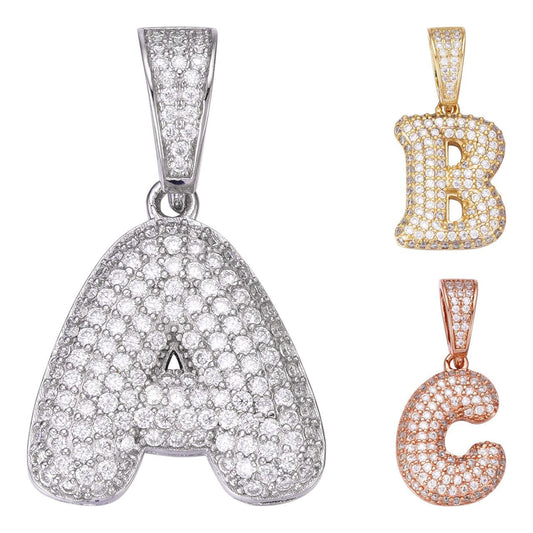 HarlemBling A - Z Initials Bubble Letter Iced Out Pendant - 14k Yellow/Rose Gold Vermeil or 925 Silver - CZ Stones - Small 1"