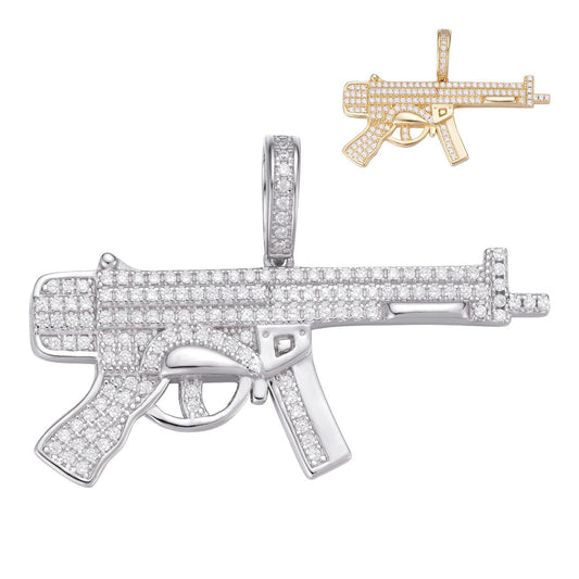 HarlemBling AK-47 Machine Gun Pendant - 14k Gold Vermeil Or 925 Silver - CZ Stones - Small 1.5"