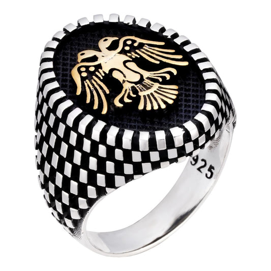 HarlemBling Albanian Eagle Ring - 925 Silver Oxidized W. Gold Accent - Plain