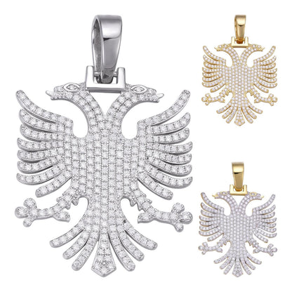 HarlemBling Albanian Kosova Two Headed Eagle Pendant - 14k Gold Vermeil Or 925 Silver - CZ Stones - Medium 2"