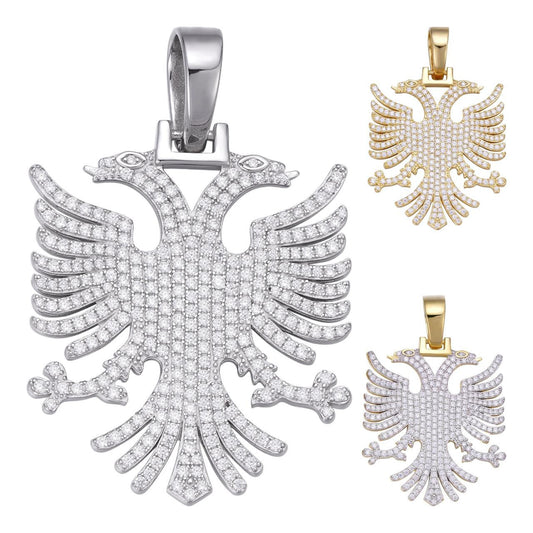 HarlemBling Albanian Kosova Two Headed Eagle Pendant - 14k Gold Vermeil Or 925 Silver - CZ Stones - Medium 2"