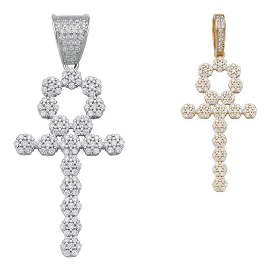 HarlemBling Ankh Tennis Iced Out Cross Pendant - 14k Yellow Gold Vermeil Or 925 Silver - CZ Stones - Medium 2"