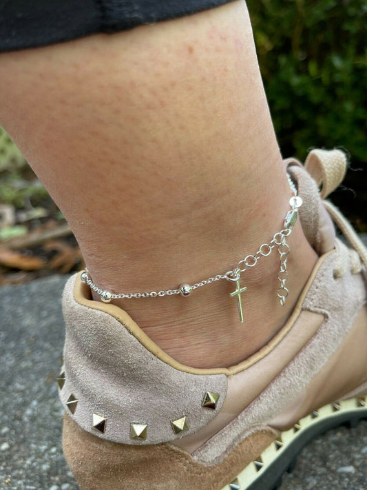 HarlemBling Ankle Bracelet Rosary Cross Beads Anklet 925 Sterling Silver Adjustable 8-11.5