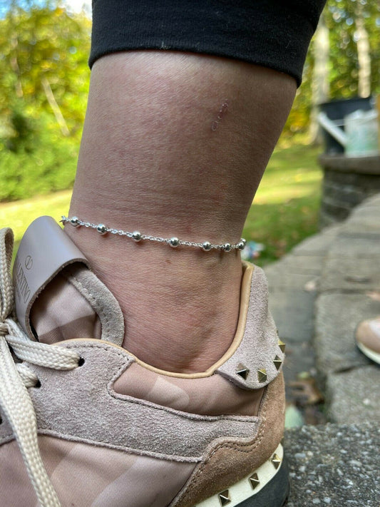 HarlemBling Ankle Bracelet Rosary Cross Beads Anklet 925 Sterling Silver Adjustable 8-11.5