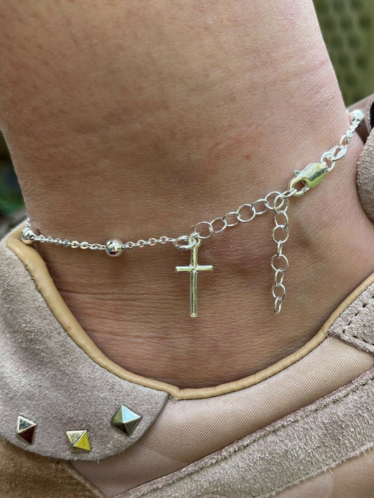 HarlemBling Ankle Bracelet Rosary Cross Beads Anklet 925 Sterling Silver Adjustable 8-11.5