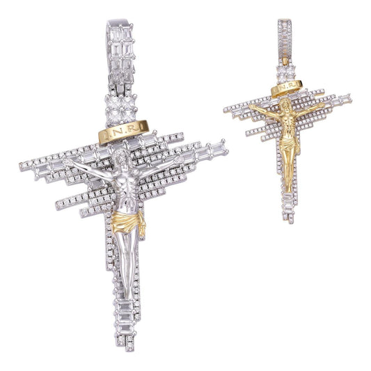 HarlemBling Baguette Crucifix Jesus Cross Iced Pendant - 14k Gold Vermeil Or 925 Silver - CZ Stones - Large 2.5"