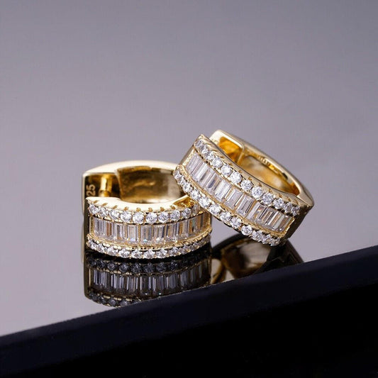 HarlemBling Baguette Moissanite 14k Gold Over Real 925 Silver Hoops Small Huggie Earrings