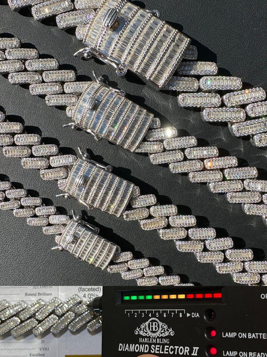 HarlemBling Baguette MOISSANITE Real Miami Cuban Link Chain Iced Solid 925 Silver Necklace