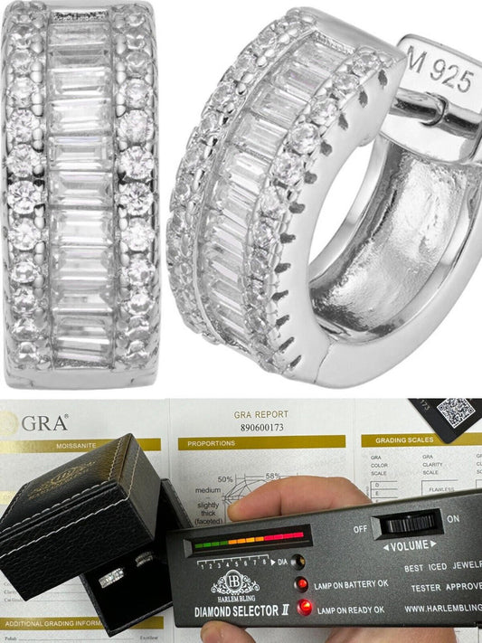 HarlemBling Baguette Moissanite Real Solid 925 Silver Hoops Small Huggie Hoop Earrings 12mm