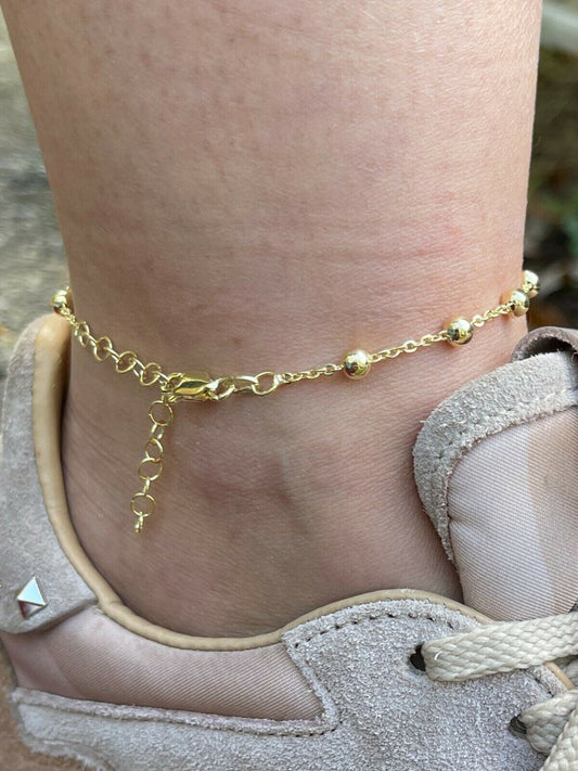 HarlemBling Beaded Ankle Bracelet Anklet 14k Gold Vermeil 925 Silver 8-11.5 Girls Ladies