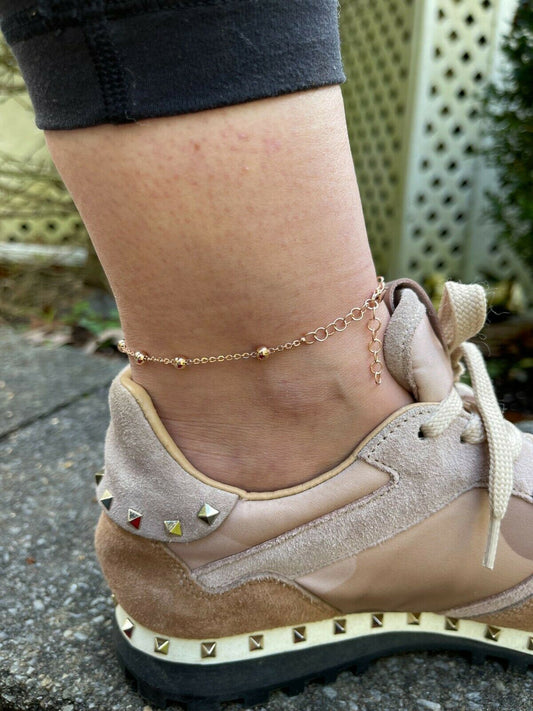 HarlemBling Beaded Ankle Bracelet Anklet 14k Rose Gold Over 925 Silver Adjustable 8-11.5