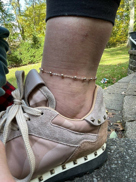 HarlemBling Beaded Ankle Bracelet Anklet 14k Rose Gold Over 925 Silver Adjustable 8-11.5