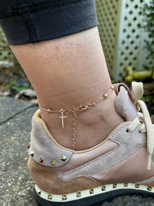 HarlemBling Beaded Ankle Bracelet Rosary Cross Anklet 14k Rose Gold Over 925 Silver 8-11.5