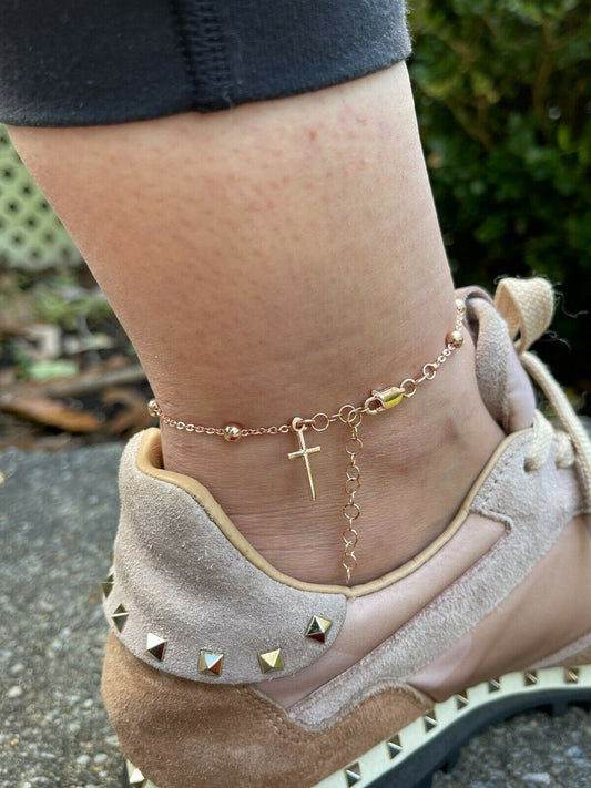 HarlemBling Beaded Ankle Bracelet Rosary Cross Anklet 14k Rose Gold Over 925 Silver 8-11.5