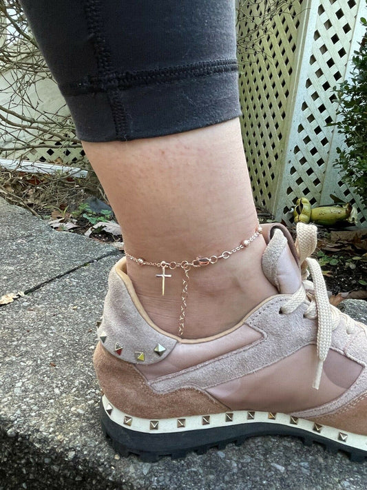 HarlemBling Beaded Ankle Bracelet Rosary Cross Anklet 14k Rose Gold Over 925 Silver 8-11.5