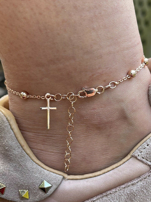 HarlemBling Beaded Ankle Bracelet Rosary Cross Anklet 14k Rose Gold Over 925 Silver 8-11.5