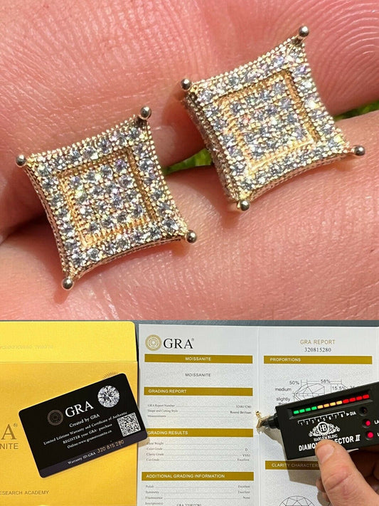 HarlemBling Big 10mm Men Real Solid 10k Gold Iced Kite Moissanite Earrings Pass Diamond Test