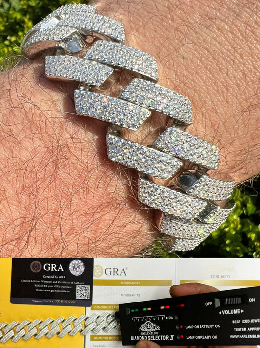 HarlemBling Big 22mm MOISSANITE Prong Cuban Link Bracelet 925 Silver Iced Pass Diamond Test