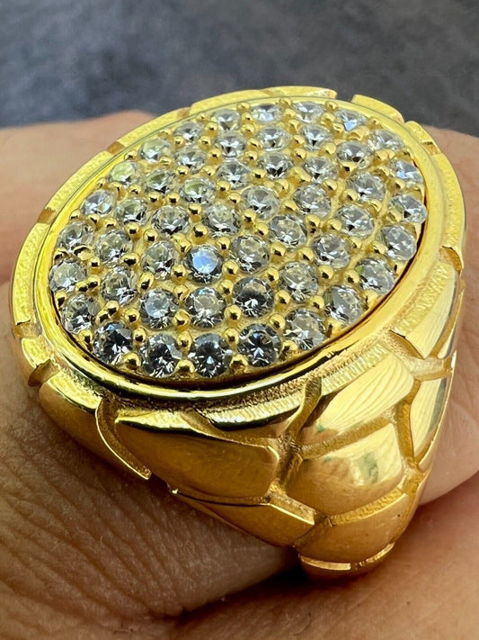 HarlemBling Big Nugget Mens Real Solid 14K Gold Plated 925 Silver Iced CZ Pinky Ring Hip Hop