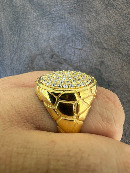 HarlemBling Big Nugget Mens Real Solid 14K Gold Plated 925 Silver Iced CZ Pinky Ring Hip Hop
