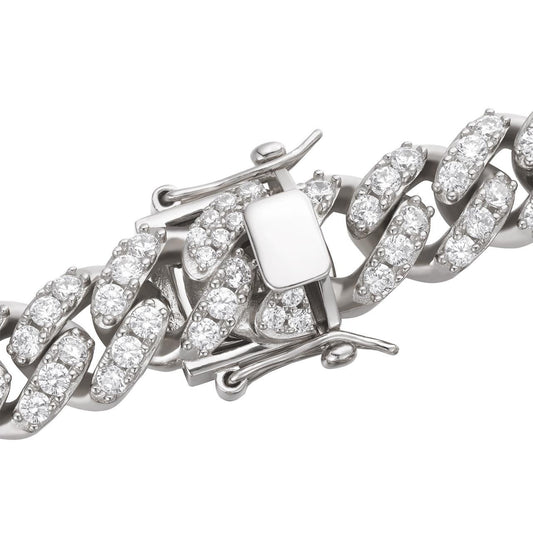 HarlemBling Big Stone Miami Cuban Link Chain Necklace Iced Out CZ Stones - 925 Silver - 12mm - 16"- 30"