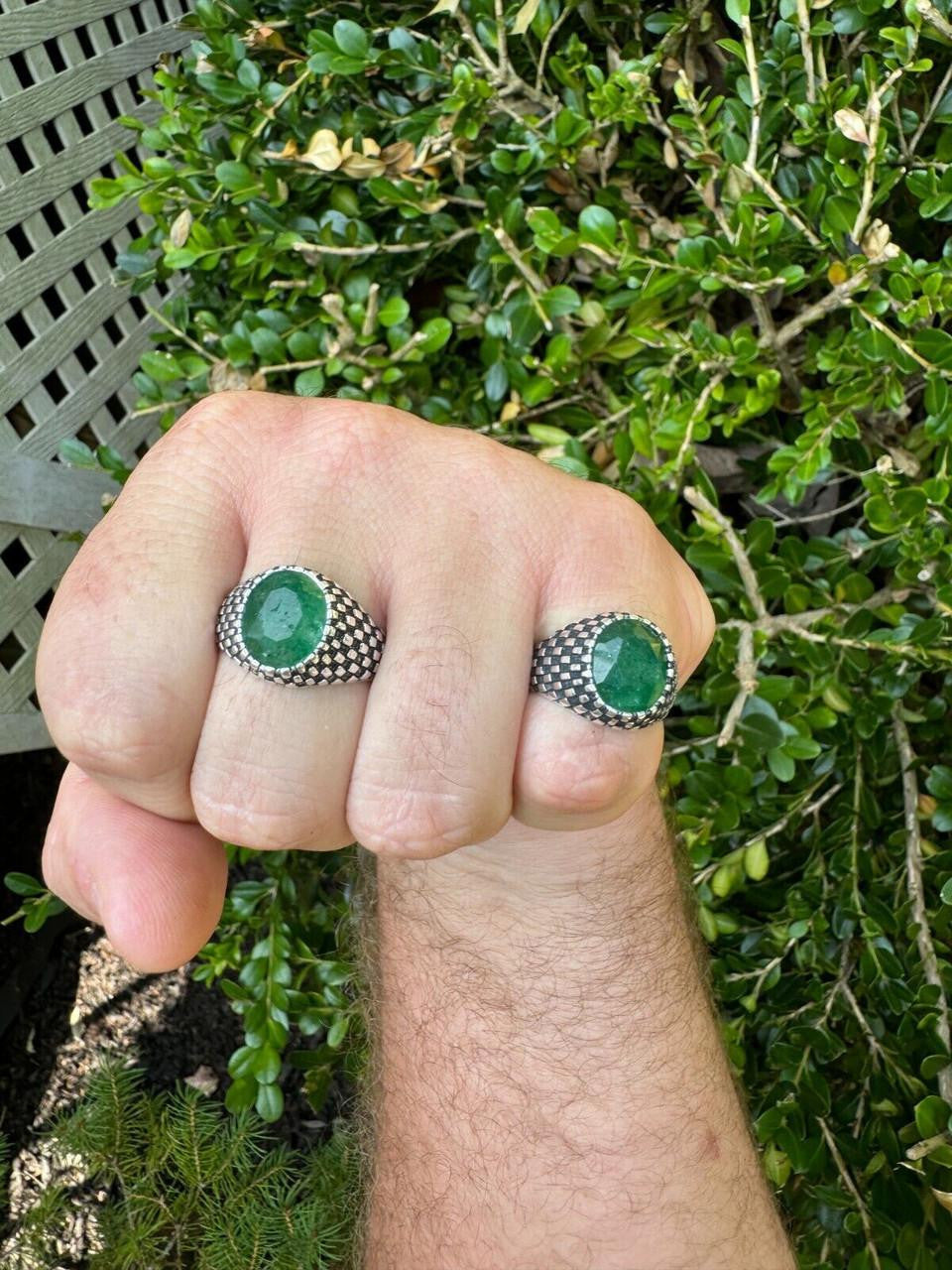 HarlemBling Black & White Ring - 925 Silver Oxidized - Genuine Green Emerald Stone