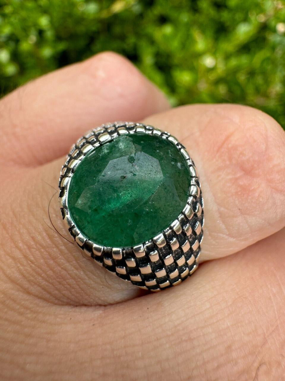 HarlemBling Black & White Ring - 925 Silver Oxidized - Genuine Green Emerald Stone