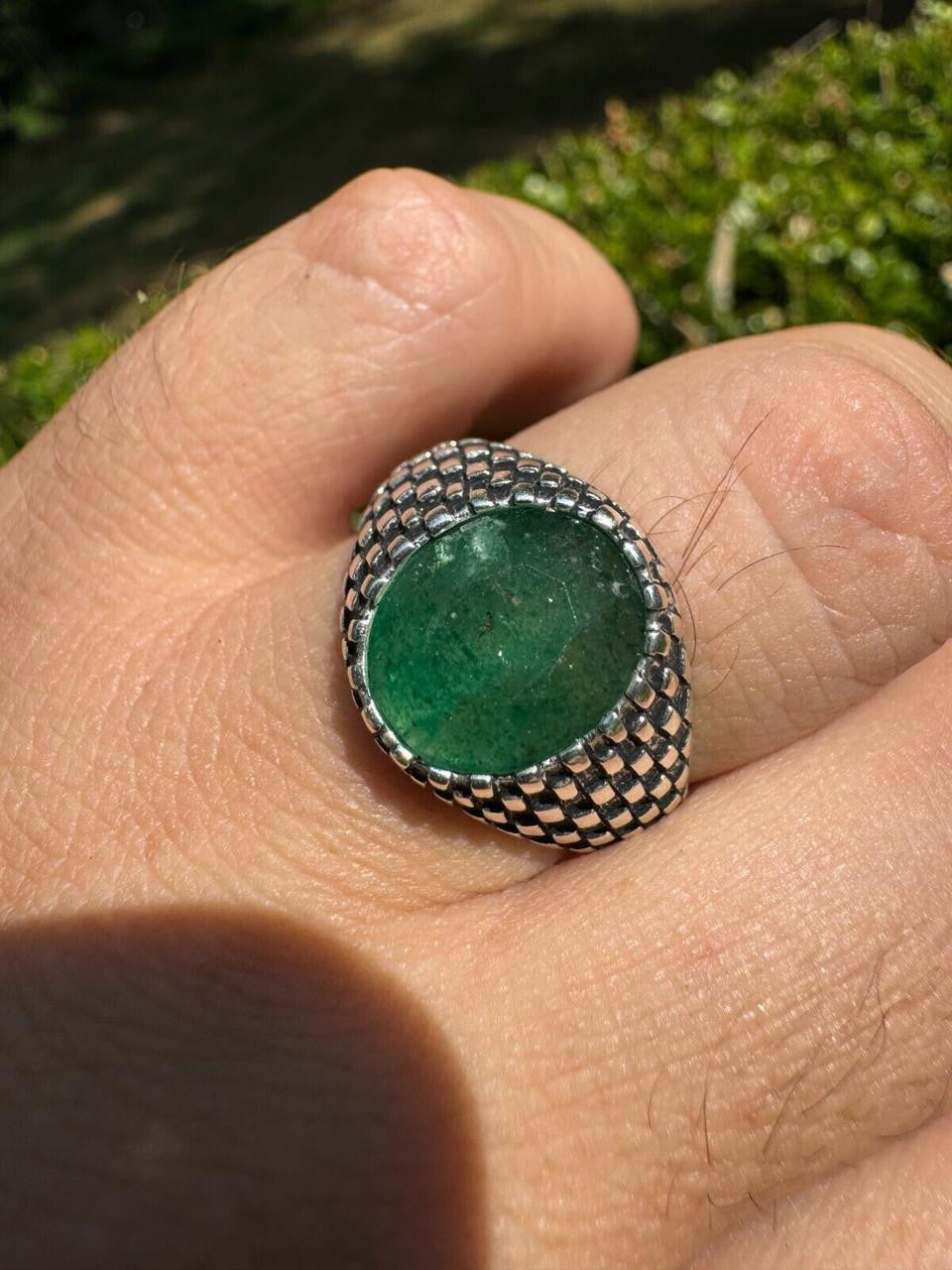 HarlemBling Black & White Ring - 925 Silver Oxidized - Genuine Green Emerald Stone