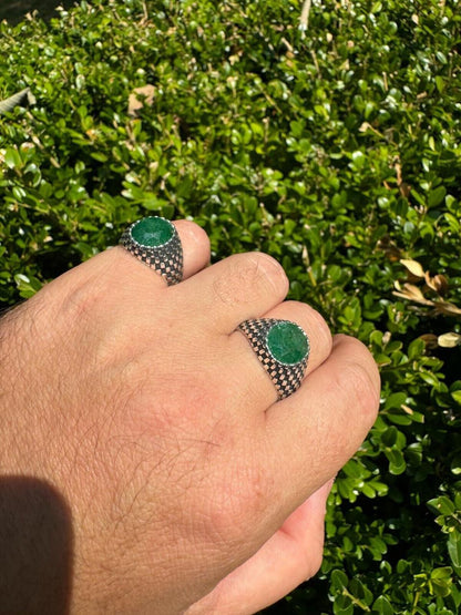 HarlemBling Black & White Ring - 925 Silver Oxidized - Genuine Green Emerald Stone