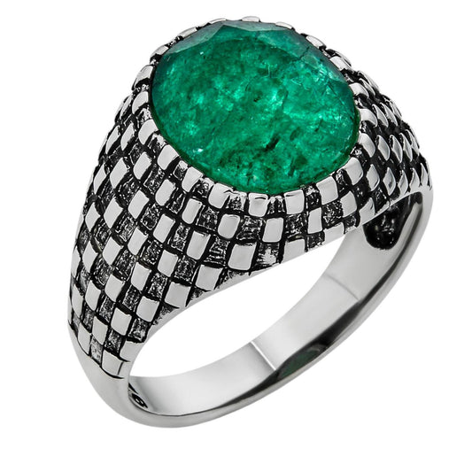 HarlemBling Black & White Ring - 925 Silver Oxidized - Genuine Green Emerald Stone
