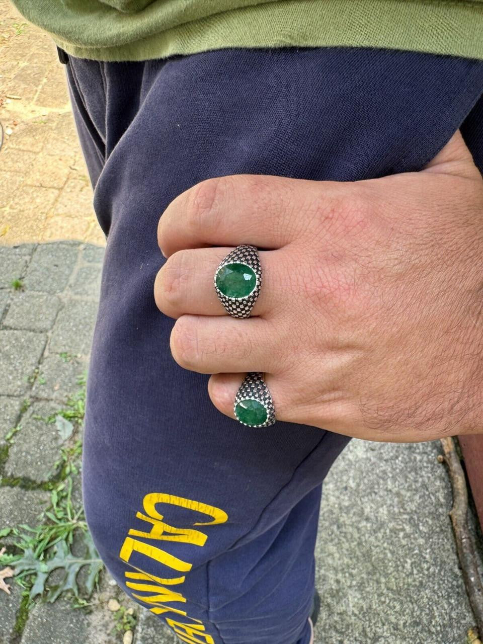 HarlemBling Black & White Ring - 925 Silver Oxidized - Genuine Green Emerald Stone