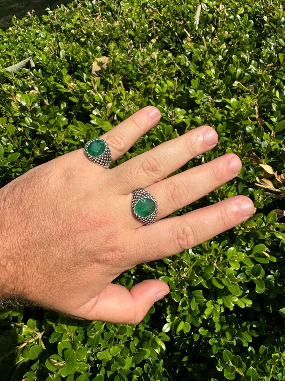 HarlemBling Black & White Ring - 925 Silver Oxidized - Genuine Green Emerald Stone