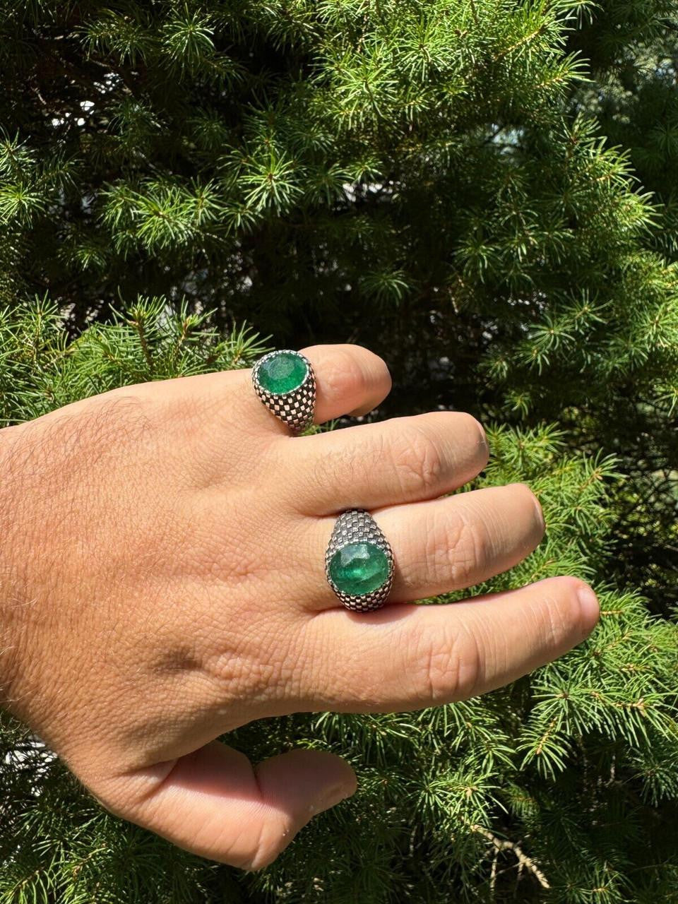 HarlemBling Black & White Ring - 925 Silver Oxidized - Genuine Green Emerald Stone