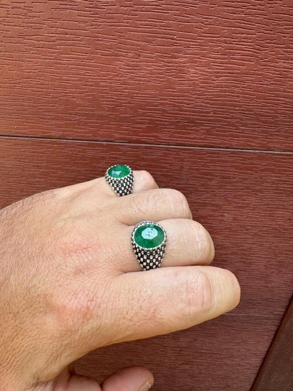 HarlemBling Black & White Ring - 925 Silver Oxidized - Genuine Green Emerald Stone