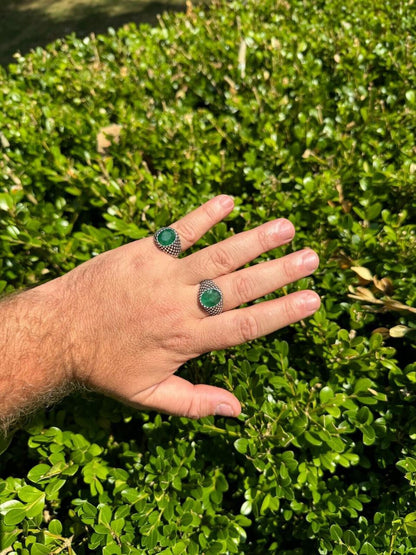 HarlemBling Black & White Ring - 925 Silver Oxidized - Genuine Green Emerald Stone