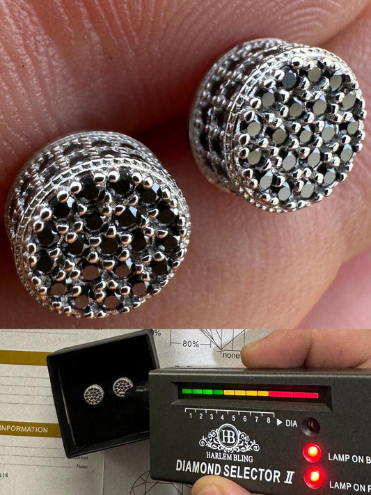 HarlemBling Black Moissanite 925 Silver Iced Hip Hop Earrings Small 1/3" Studs Pass Tester