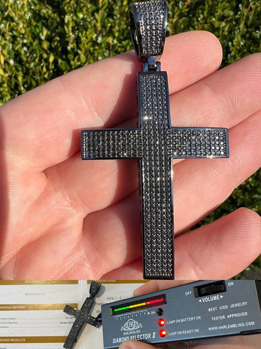HarlemBling Black MOISSANITE Black Rhodium Over 925 Silver Large Iced Cross Pendant 2.5CT
