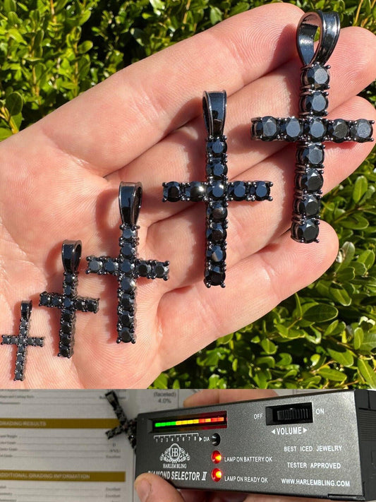 HarlemBling Black MOISSANITE Real Oxidized Rhodium 925 Silver Cross Iced Pendant Necklace