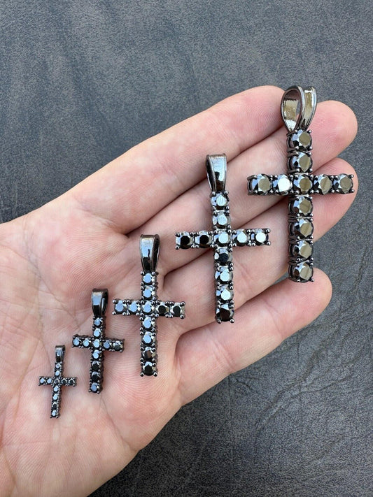 HarlemBling Black MOISSANITE Real Oxidized Rhodium 925 Silver Cross Iced Pendant Necklace