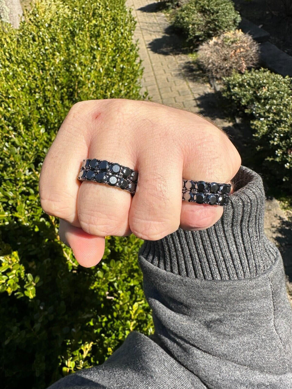 HarlemBling Black Moissanite Ring Real 925 Silver Oxidized Rhodium Hip Hop Iced Tennis Band