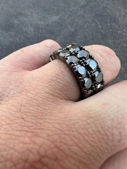 HarlemBling Black Moissanite Ring Real 925 Silver Oxidized Rhodium Hip Hop Iced Tennis Band