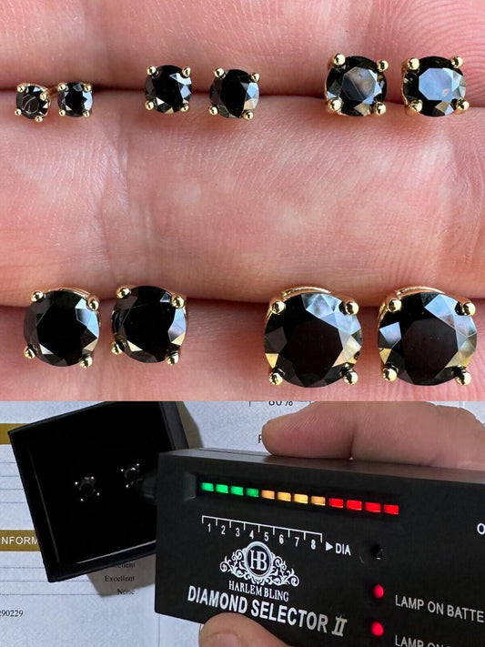 HarlemBling Black Moissanite Screwback Stud Earrings 14k Gold 925 Silver 3-8mm Passes Tester