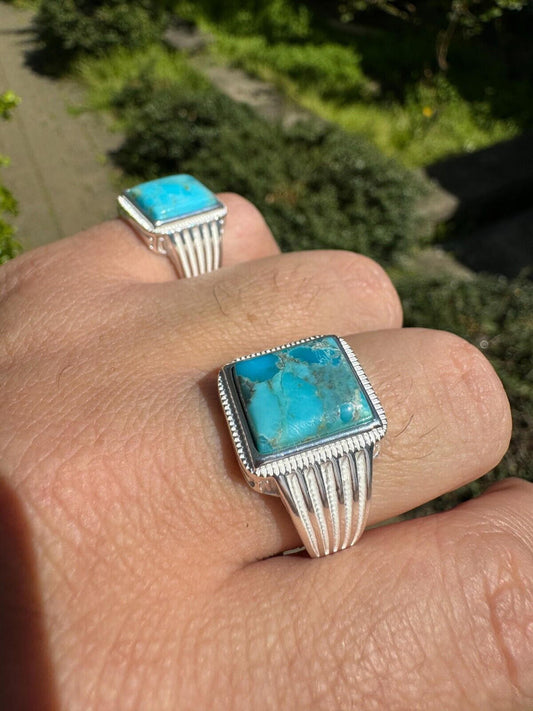 HarlemBling Blue Genuine Turquoise Stone Mens Real 925 Silver Ring Size 6 7 8 9 10 11 12 13