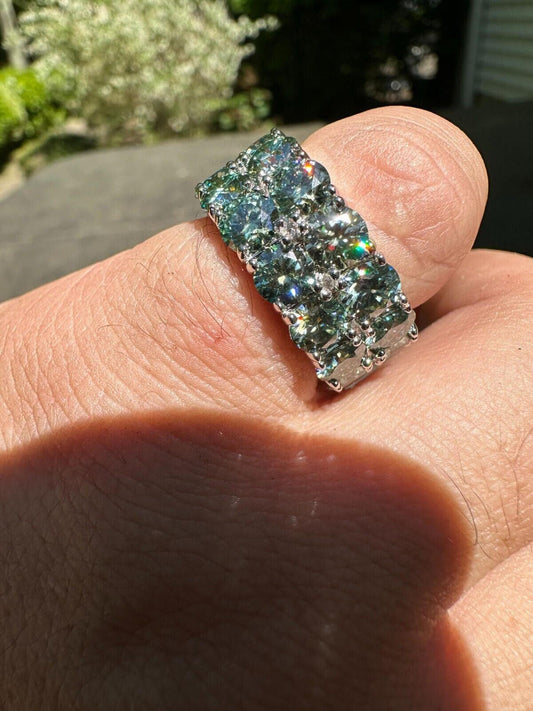 HarlemBling Blue Green Moissanite Ring Real 925 Silver Hip Hop Iced Tennis Band 10mm Big